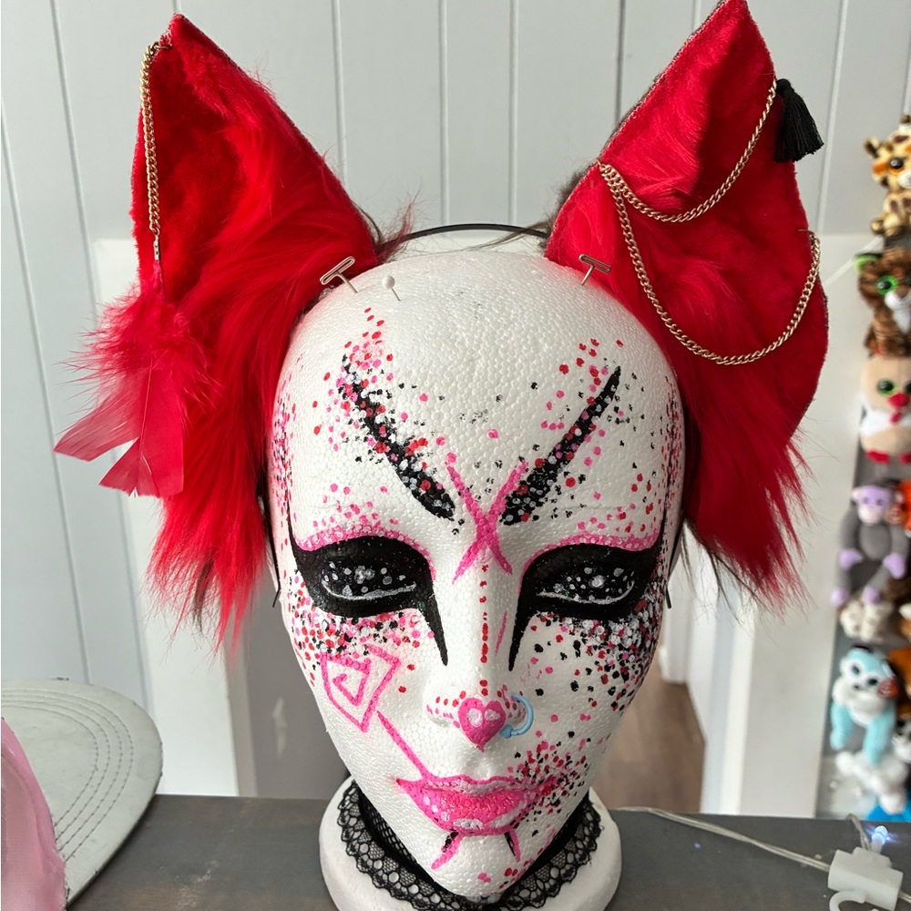 Vibrant Red Cat Ear Headband with Chains